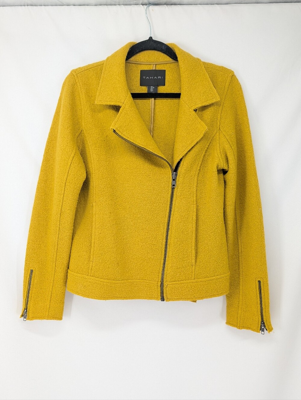 Tahari Mustard Yellow Wool-Blend Tweed Moto Jacket Fall Autumn Artsy Small